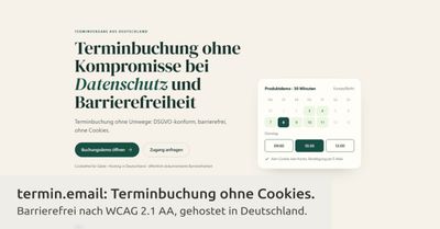 Titelgrafik zum Beitrag: Startseite von termin.email mit der Überschrift „Terminbuchung ohne Kompromisse bei Datenschutz und Barrierefreiheit" und Buchungskalender